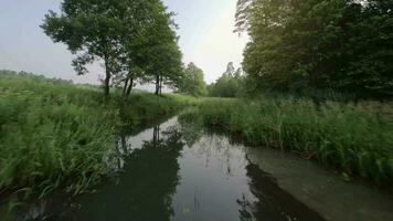 vlucht over- een rivier- of stroom. pov gefilmd met fpv dar video