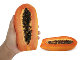 Male hand holding a half of ripe papaya, transparent background png