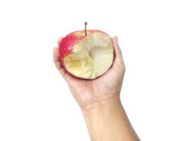 Red apple with missing a bite in hand, transparent background png