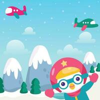 antecedentes de linda pequeño pingüino en nieve vector