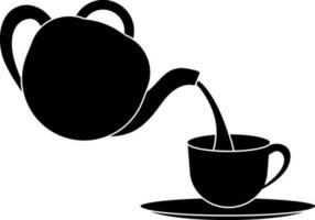 Black teapot falling tea in cup. vector