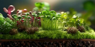 Microgreens plant superfood, copy space blurred background, generative AI photo