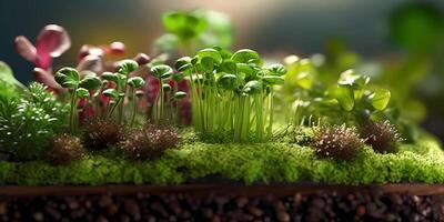 Microgreens plant superfood, copy space blurred background, photo