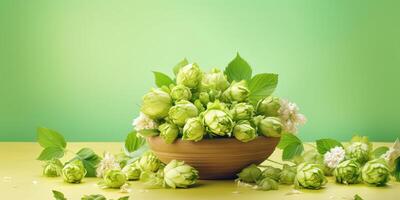 Hops flower for natural ingredient skin care cosmetic, copy space background, Generative AI photo