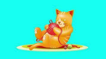mignonne chat dessin animé animation 3d. Orange chat en jouant avec rouge fil bobine, avec Balle élément. adapté pour éléments et événements video