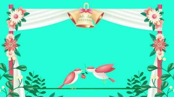 Wedding invitation frame. animation of a pair of birds with flowers in summer, with a green plant frame and a wedding cloth arch on a soft green background video