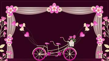 Wedding invitation frame. Animation of double couple bicycle with heart balloons, pink flower frame and wedding cloth arch on dark red background video