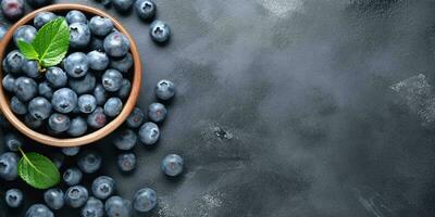 Blueberry organic fruit on bowl copy space background, generative AI photo