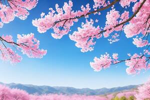 This digital art captures the beauty and tranquility of spring with its dreamy pink sakura flowers and serene landscape. Perfect for adding a touch of nature and calmness to any space. . photo
