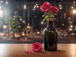 Captivating Contrast Striking Flat Lay with Wine Bottle and Roses . . photo