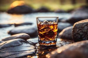 ejemplar de ámbar elixir whisky en el rocas . ai generado. foto