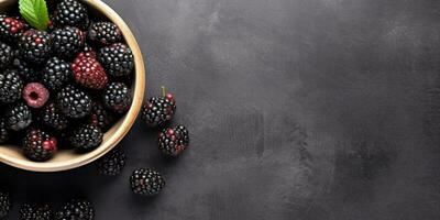 Blackberry fruit on bowl and dark table, copy space, background, Generative AI photo