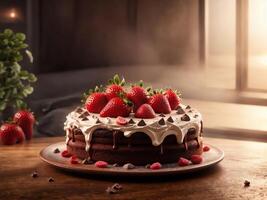 Decadent Chocolate Cake with Fresh Strawberries . . photo