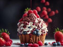 Assorted Berry and Chocolate Ice Cream Summer Dessert . AI Generated. photo