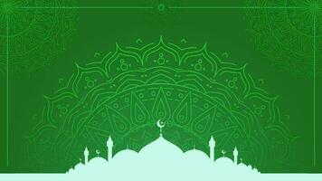 Simple green Islamic looping animation video background design with mosque silhouette and rotating mandala ornaments