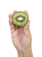 mano sostiene rebanado medio de kiwi fruta, transparente antecedentes png