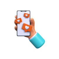 3d hand holding mobile smart phone with like notification icons. Social media concept png