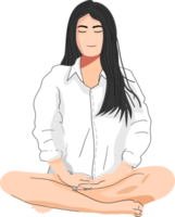 mujer vistiendo blanco camisa haciendo meditación. png