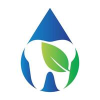 Tooth logo dental care with green leaf and water drop vector illustration
