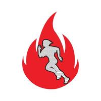 Running woman side view. text vector illustration. inside the shape of fire red color.