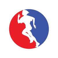 Running woman side view. vector illustration. inside the shape of circle red and blue color.