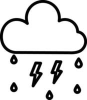 Raining cloud and lighting bolt in black line art. vector