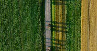 superiore giù Visualizza di il strada e rosso auto guida lungo esso a tramonto video