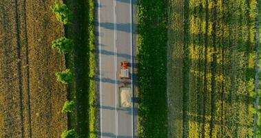 topo baixa Visão do a estrada e vermelho carro dirigindo ao longo isto às pôr do sol video