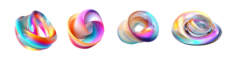 Collection of holographic abstract 3d twisted torus shape white background png