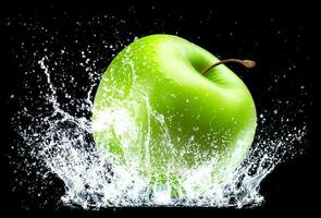green apple on water splash on black background photo