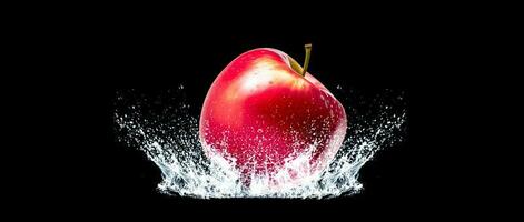 red apple on water splash on black background photo