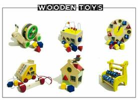 Set of wooden toys as gift, eco-friendly and handmade products for children development and  learning photo