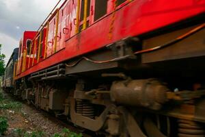 Incredible view of train passing through a narrow street, the Hanoi Old Quarter. Stock photo