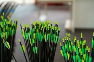 Colorful group of archery arrows shows fletching which are plastic vanes photo
