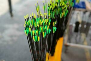 Colorful group of archery arrows shows fletching which are plastic vanes photo