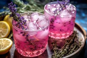 Summer Violet Lemonade with Ice Cubes and lavender, Generative AI photo
