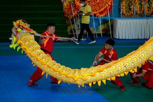 Ho Chi Minh, Viet Nam - 22 April 2023 Dragon dance, celebrate the new year. At the park photo