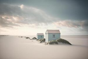 couple of small houses sitting on top of a sandy beach. . photo