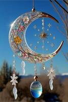 sun catcher hanging from the side of a tree. . photo