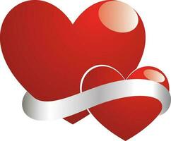 Two red hearts with silver ribbon. vector