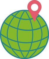 Illustration of globe icon with map pin in color style. vector