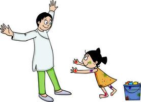 Cute girl playing colors with her father for Holi. vector