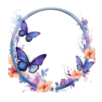 Watercolor frame with butterfly and flowers. Illustration AI Generative png