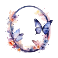 Watercolor frame with butterfly and flowers. Illustration AI Generative png