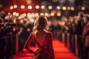 mujer Actriz influencias posando en un rojo alfombra frente de medios de comunicación, hermosa chica, generativo ai foto