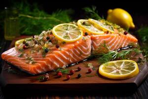 Fresh Salmon Meat with Lemon and Herbs Olive Oil on top of a table in front of a dark background, photo