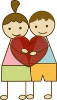 Cartoon boy and girl holding red heart. vector