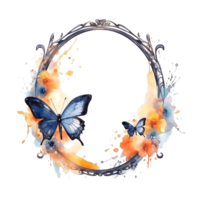 Watercolor frame with butterfly and flowers. Illustration AI Generative png