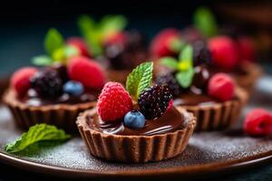 Mini Chocolate Tartlets with Berries and Mint Leaves, blurry background, photo