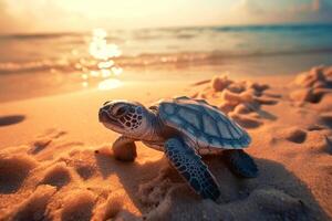 bebé mar Tortuga en un playa en atardecer, generativo ai foto